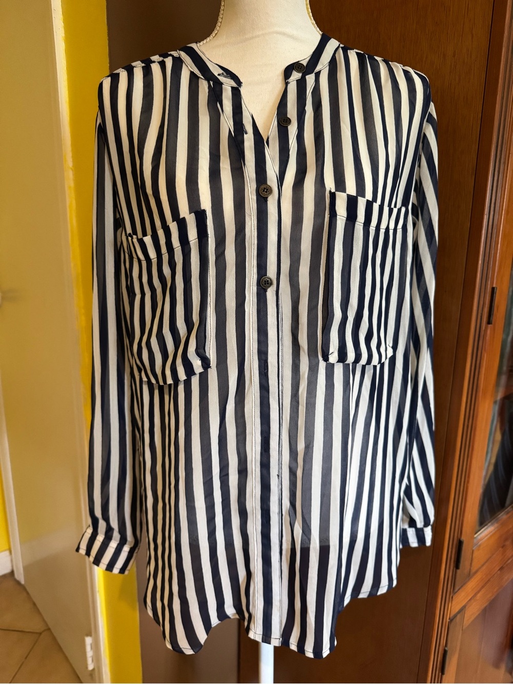 Sheer Navy White Striped Blouse XS